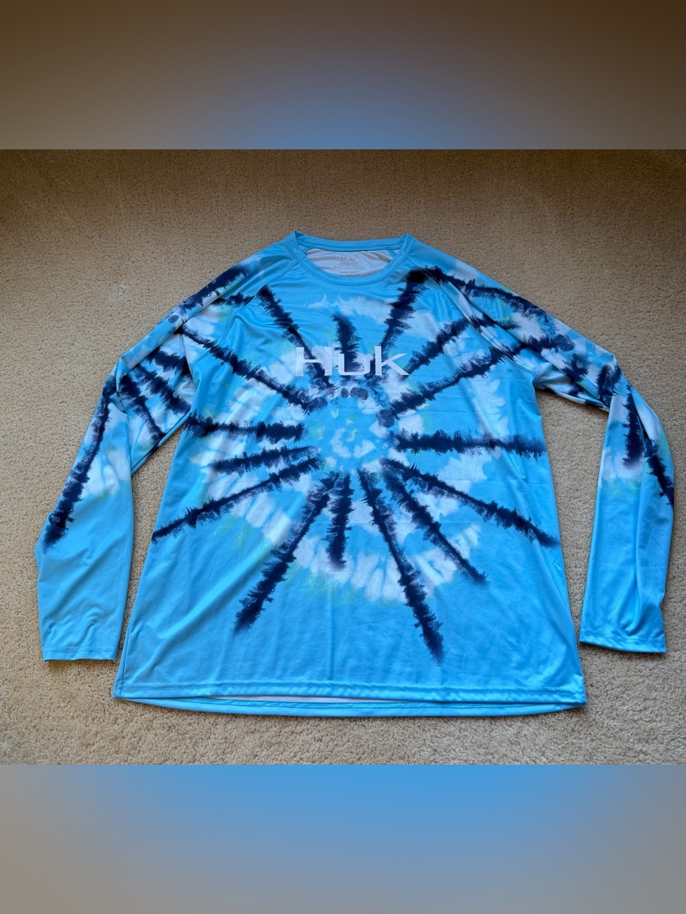 HUK Men's Blue Tie Dye Long Sleeve Rash Guard Fishing Shirt - XXL - *VGUC